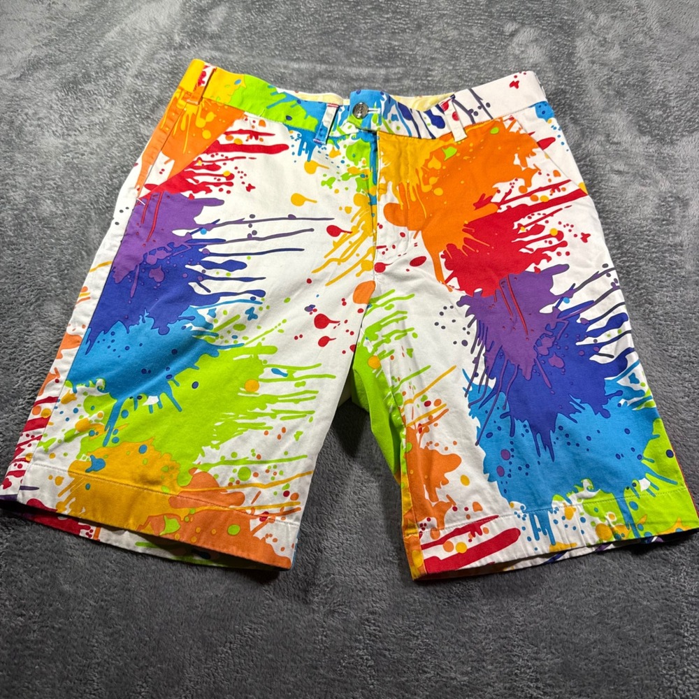 Loudmouth Golf Mens 34 Paint Splatter Rainbow White Chino Shorts Multi Color